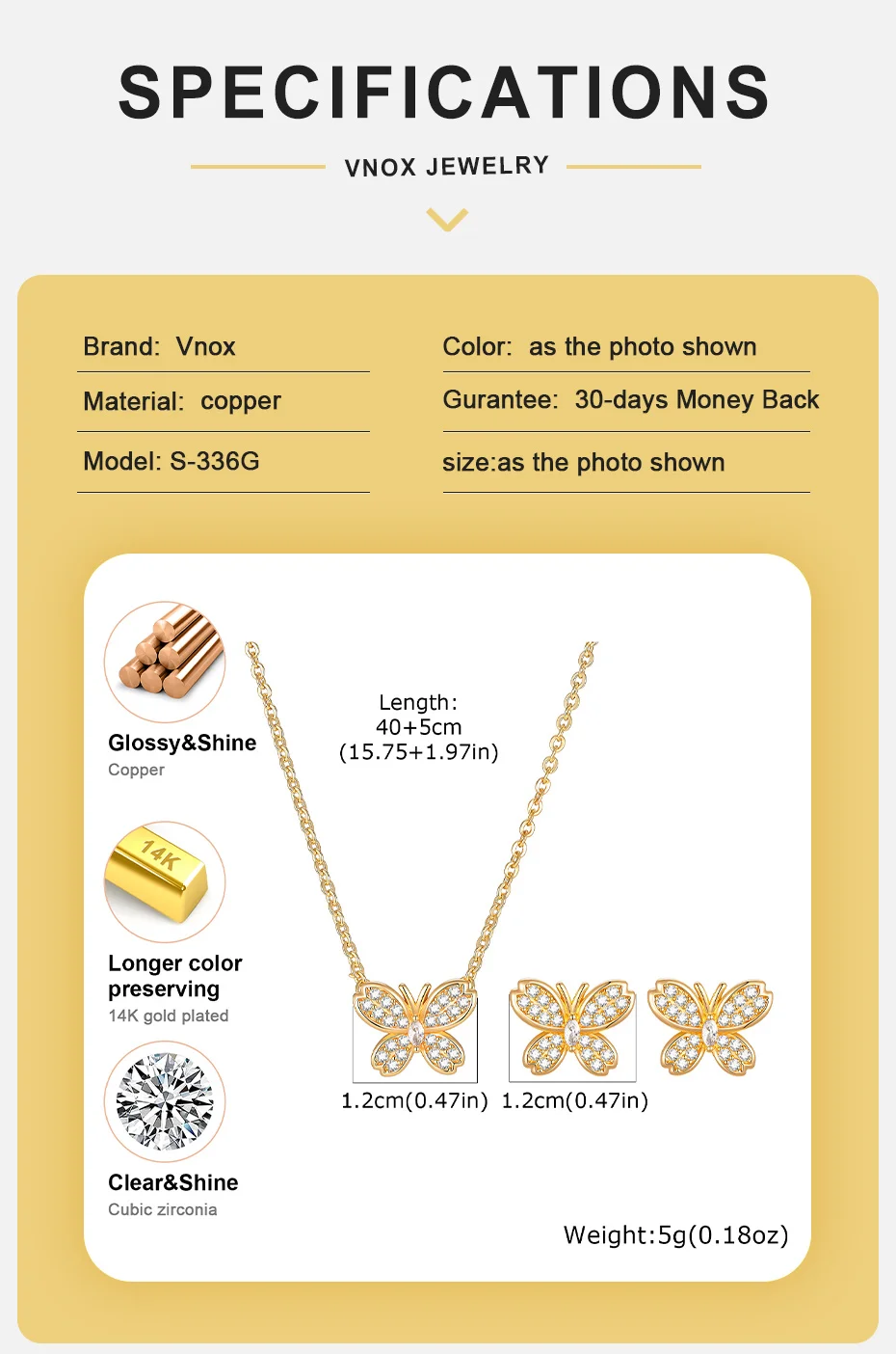 Vnox Luxuriöses, elegantes Zirkon-Schmetterlings-Blumen-Ohrring-Halsketten-Set für Frauen, trendiges, süßes Schmuckset mit Schleifenknoten, Braut-Hochzeitsgeschenk – Detail 7