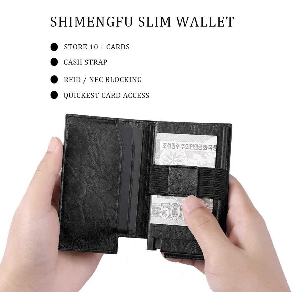 Men's RFID Leather Wallet Carbon Fiber Business Card Holder with Hasp Pop-Up Smart Design Metal ID Card Slot Aluminum Purse