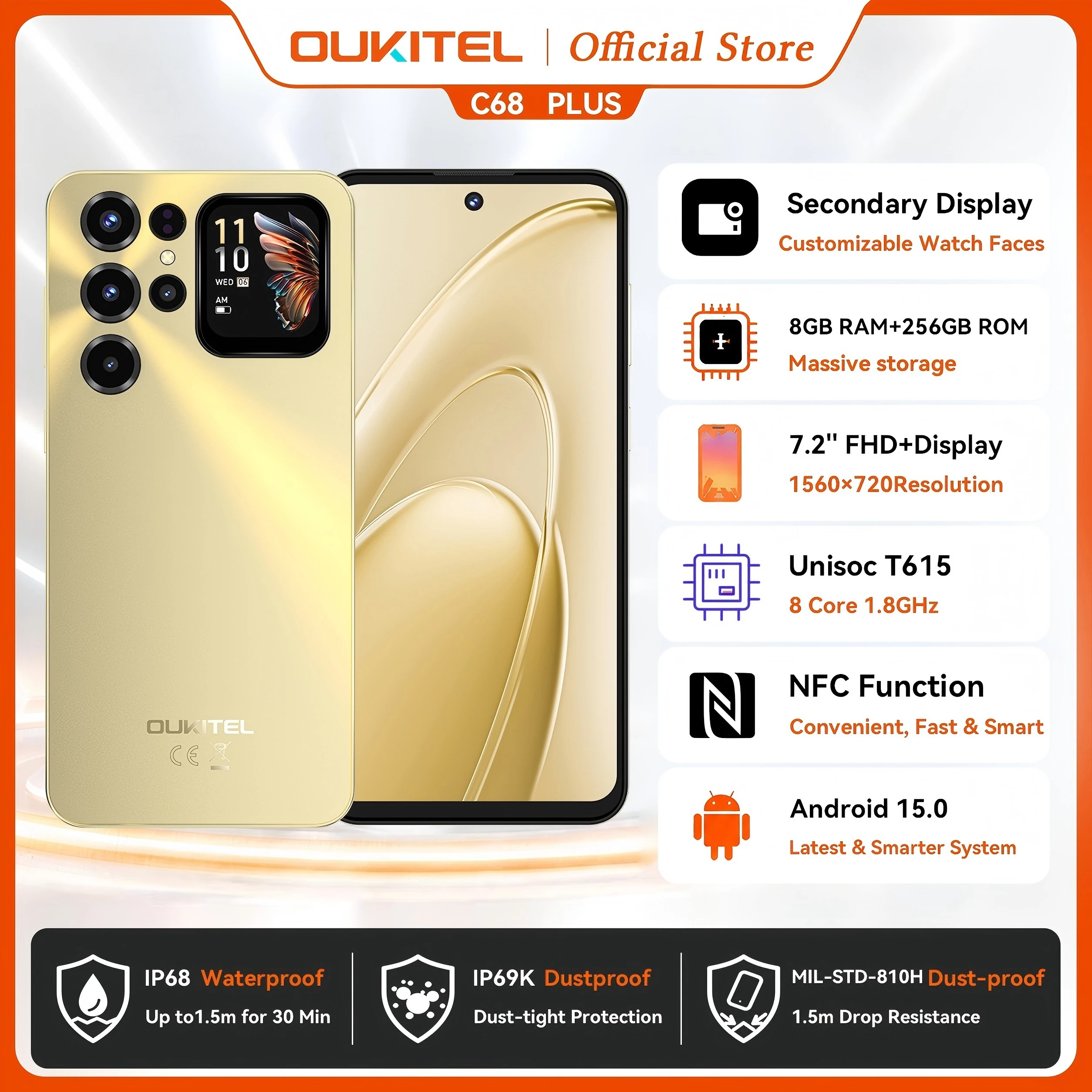 OUKITEL C68 Plus 6000mAh Smartphone, 24GB+256GB, 7.2