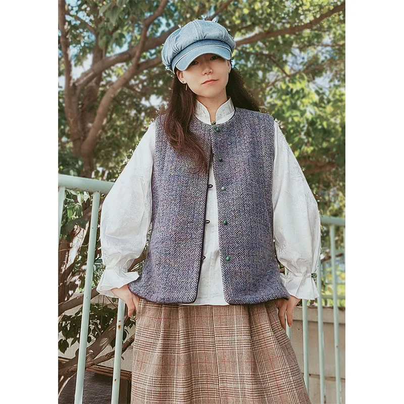 

Autumn Winter Woolen Retro round Ne Vest Women's Top Coat Original Versatile Button up Cotton Blend Commute Sle Jaet