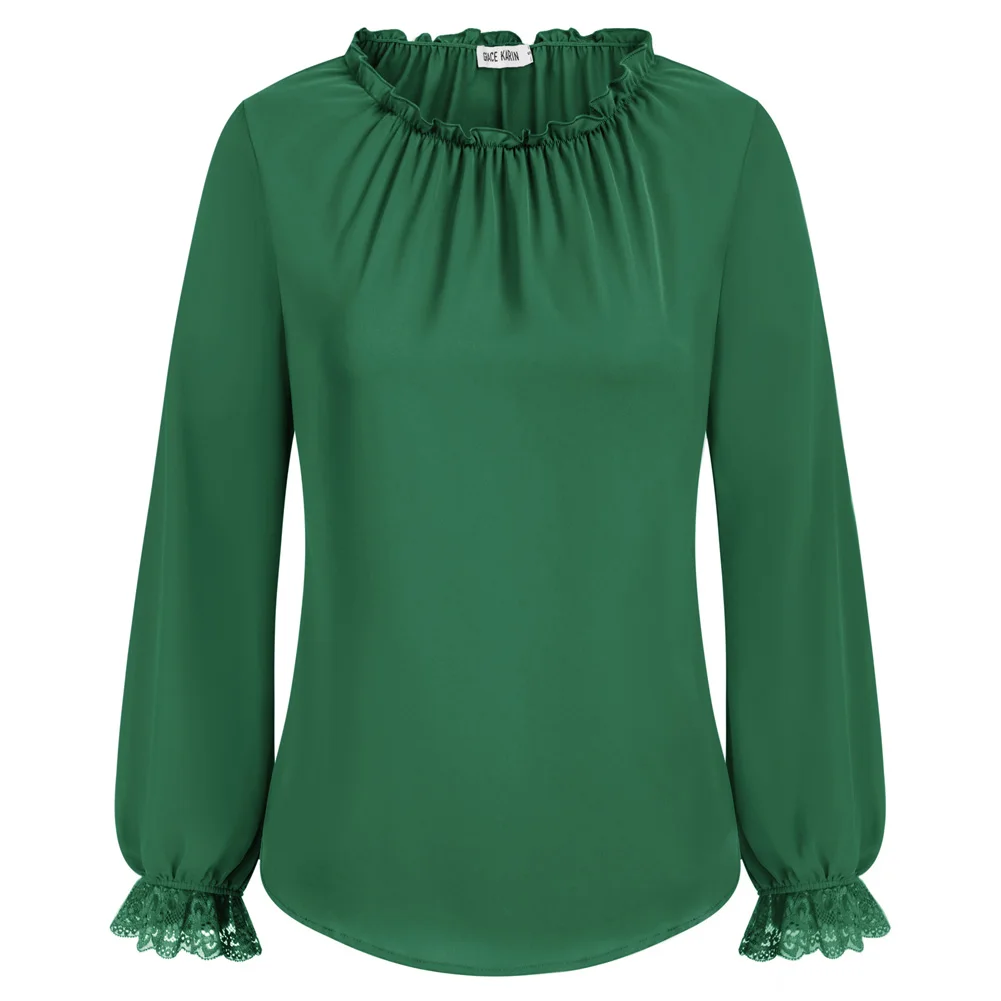 Gk Blouses Femme Elegante Chiffon Tops Losse Pasvorm Lange Mouw Ruches Ronde Hals Blouse Lente En Herfst Mode Casual T-Shirts