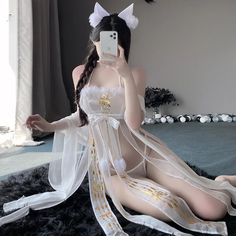 See Through Ancient Hanfu Sling Gauze Nightdress Cosplay Cheongsam Dress Uniform Erotic Temptation Costumes Women Sexy Lingerie