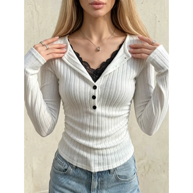 Women Ribbed Henley Neck Long‑Sleeve Knit Top, Button Placket Slim Fit Cropped Basic Tee, Soft Casual Long Sleeve Blouse