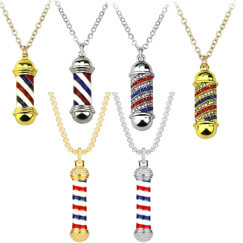 Barber Shop Pole Pendant Necklaces for Men Hair Dresser Tools 3D Barber Pole Razor Dryer Scissors Comb Hairdresser Necklace