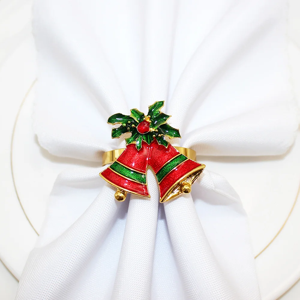 6Pcs Christmas Napkin Ring Set Rhinestone Xmas Tree Bow Bell Car Wreath Napkin Holder Gold Napkin Buckle for Christma Table Deco