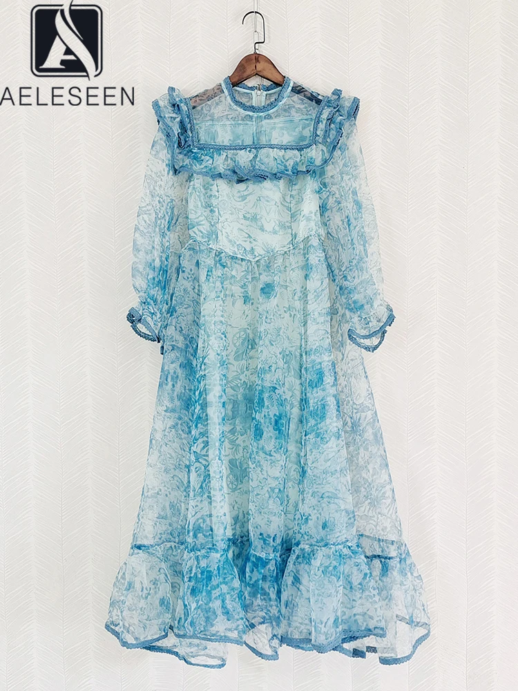 

AELESEEN Runway Fashion Women Autumn Long Dress Ruffles Blue Ink Flower Print Chiffon Casual Ball Gown Elegant Blet Party