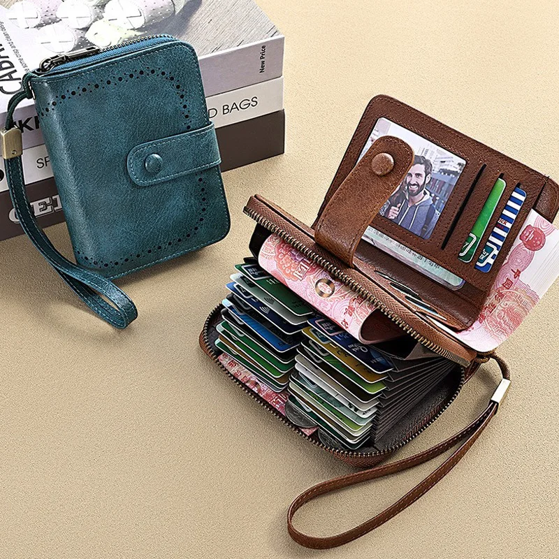 

New Short Women Wallets Large Capacity Zipper Card Holder Rfid Blocking Female Coin Purses High Quality Vintage Wallet for Man
