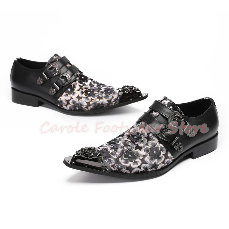 Flowers Prints Genuine Leather Loafers for Men Belt Buckle Metal Pointed Toe Chunky Heel Male Oxfords Business Dress Shoes