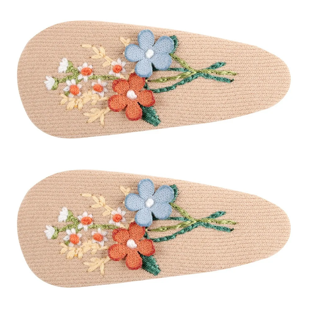 2Pcs/set Fabric Embroidery Hair Clip Cute Plaid Floral Embroidered Hairpin Set All-match Sweet Children's Hair Accessories