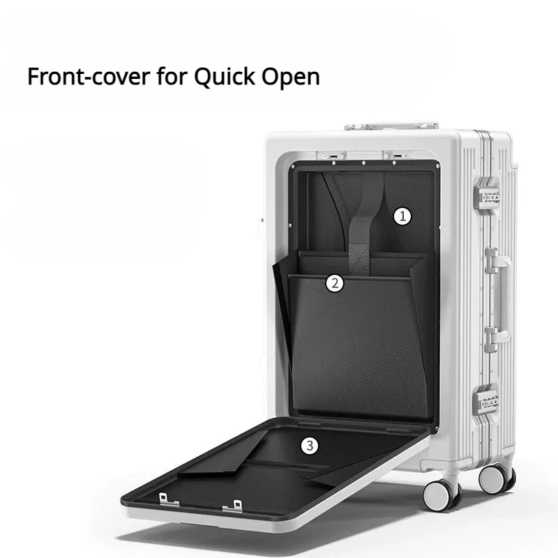 Aluminum Framed Boarding Suitcase of 20‘24’26‘28’ Inch Wide Handle Luggage with Laptop Mesh and USB Charging Front-open Trunk