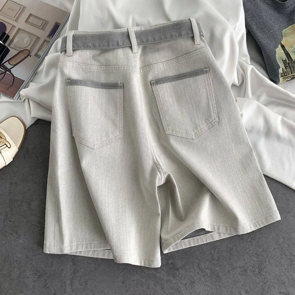 Shorts de Mezclilla Retro Franceses de Verano para Mujer, Casuales, de Pierna Recta, Holgados, Color Gris Claro con Contraste, Largos hasta la Rodilla