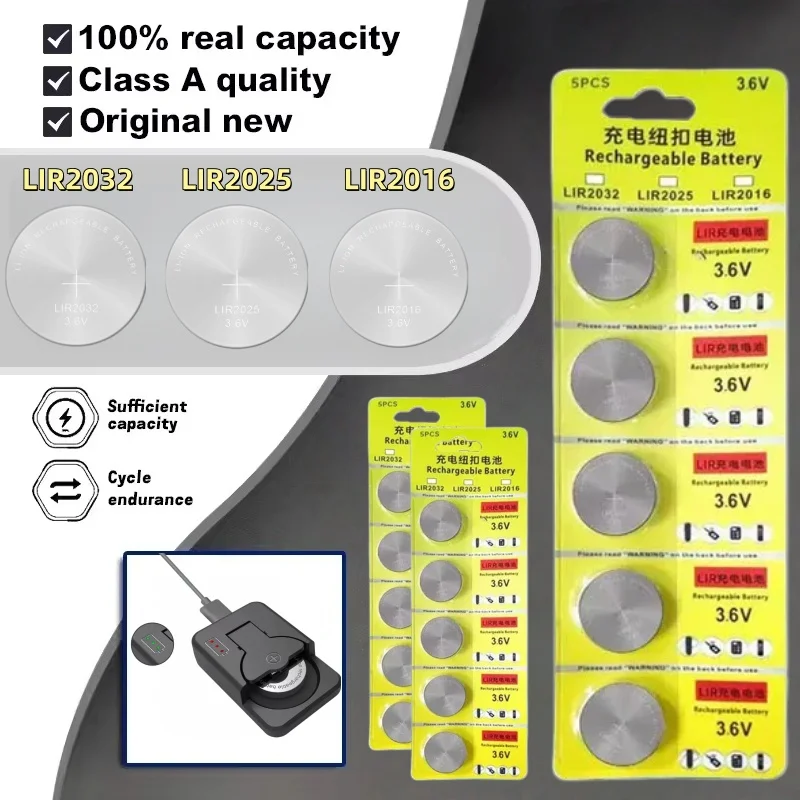 

Rechargeable 3.6V LIR2032 LIR2025 LIR2016 CR2032 CR2025 CR2016 Button Coin Cell Batteries for Watches, Pack of 2-5PCS