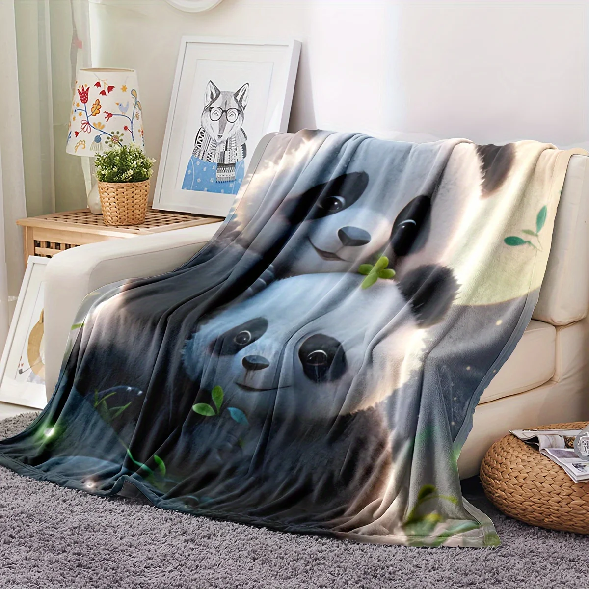 Cozy Panda Print Flannel Throw Blanket - Soft, Warm & Versatile for Couch, Bed, Office, Camping