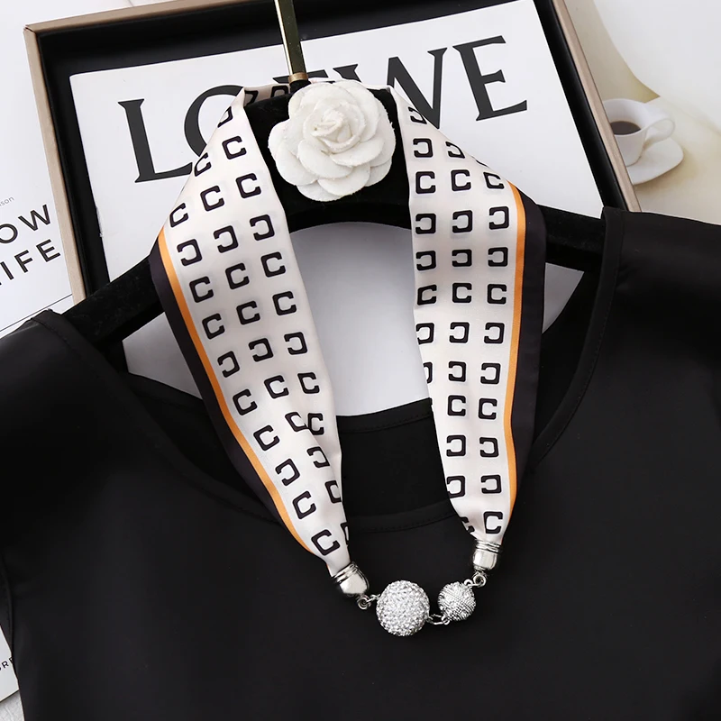 Spring Autumn Fashion Elegant Neck Decoration Rhinstones Ball Magnetic Snap Silk Scarf Letter Printed Women Small Neckerchief