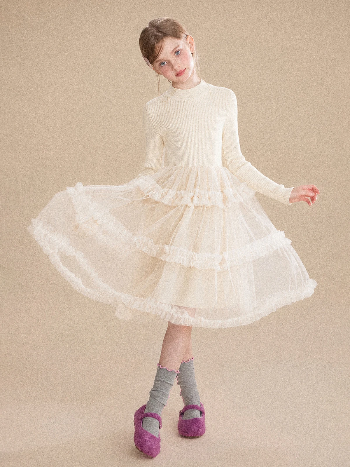 Girls Knit Spliced Dress Fleece Lined Tiered Tulle Cake Dress with Mock Neck for Fall Winter, Warm Party Outfit for Toddler Kids