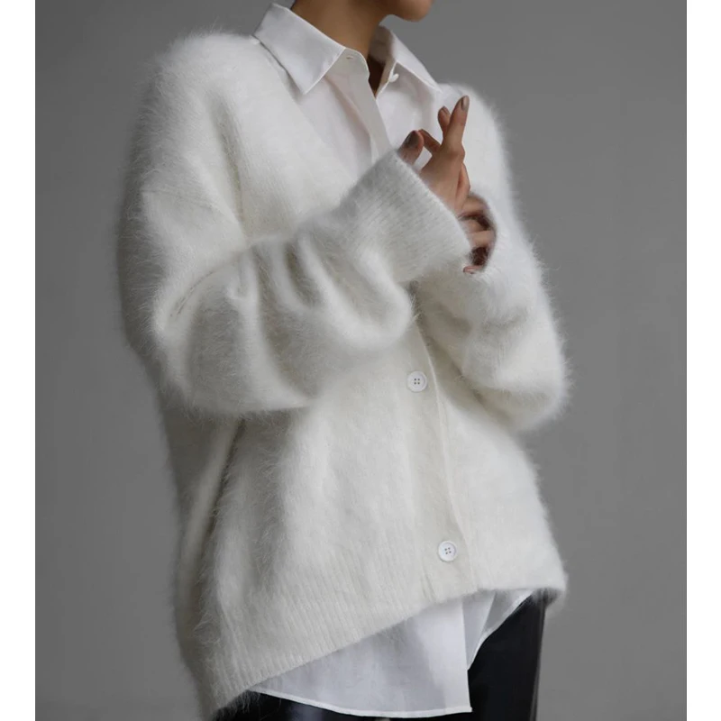 2024 Women Spring Furry Knitted Cardigans Long Sleeve Single Button Sweater Fashion Tops Women Clothes Cardigans