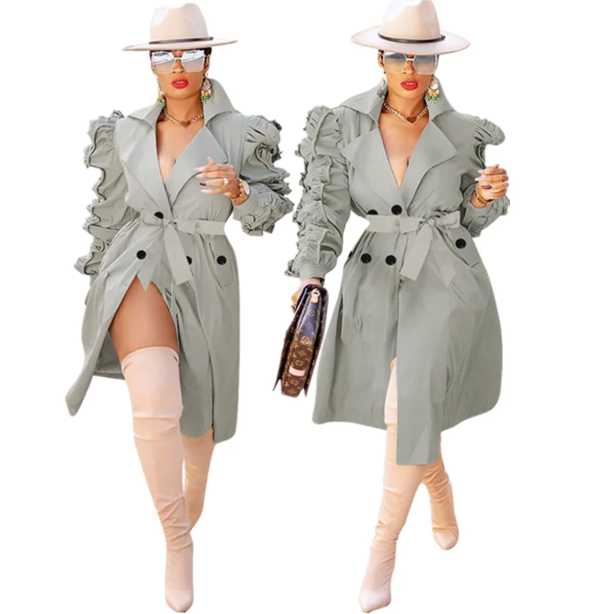 

Autumn and Winter Fashion Women's Wear Waist Type Long Coat, Suit Collar, Double Breasted Medium Length Windcoat, Ruffle Coat