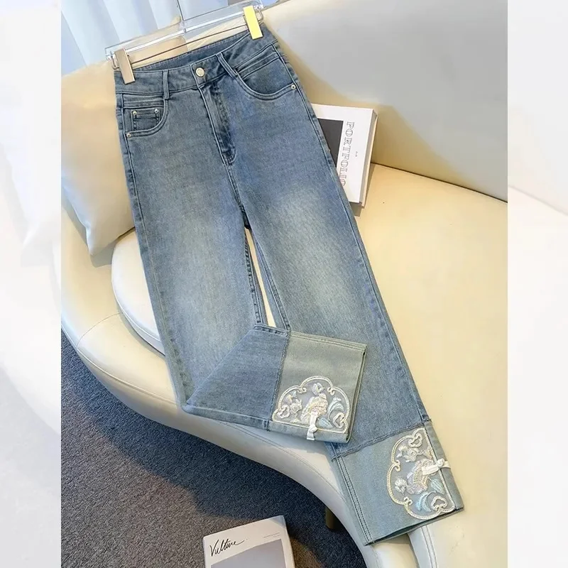 

White Chinese Style Smoke Pipe Jeans For Women's Summer Thin Design New High Waisted New Embroidered Ankl-Length Denim Pants