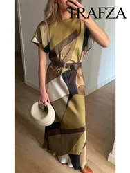 TRAFZA Woman Vinatge Elegant Slim Dress Print O-Neck Short Sleeve Back Hollow Out Button Female 2024 Summer Fashion Long Dresses