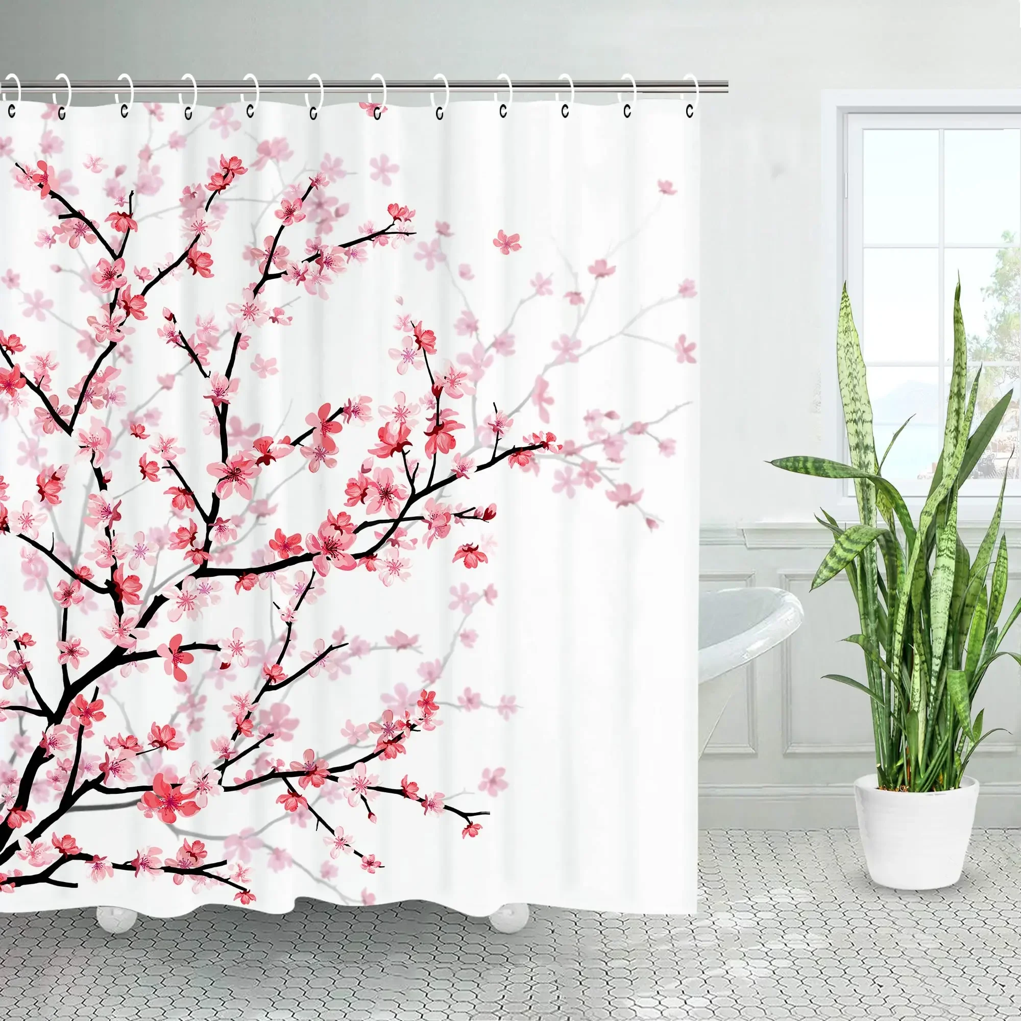 Pink Cherry Blossom Peach Blossoms Shower Curtain Set Flowers White Background Girl Bathroom Polyester Cloth Screen 12 With Hook