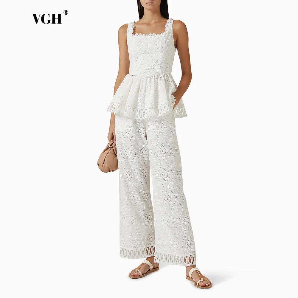 

VGH Casual Two Piece Set for Women Square Collar Sleeveless Patchwork Ruffles Hem Vest High Waist Wide Pant Holiday Suit Female
