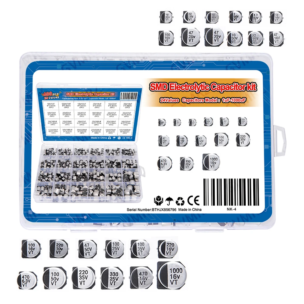 400PCS 24Values SMD Electrolytic Capacitor Kit 1uF-1000uF 6.3V-50V for Electronics Projects 50V1UF 25V22UF 25V330UF  16V1000UF