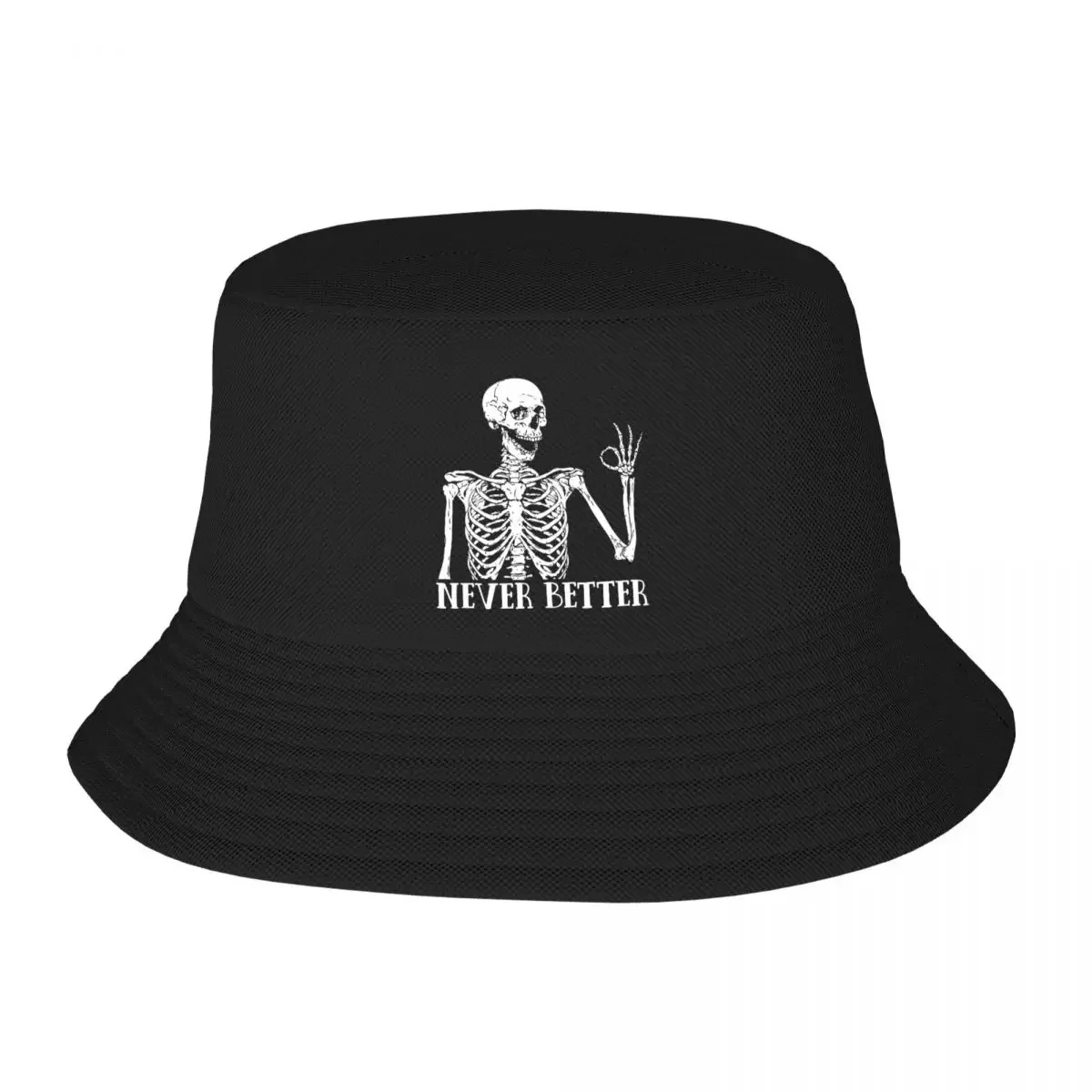 

Custom Halloween Skull Never Better Skeleton Bucket Hat Women Men Outdoor Sun Summer Fishing Cap