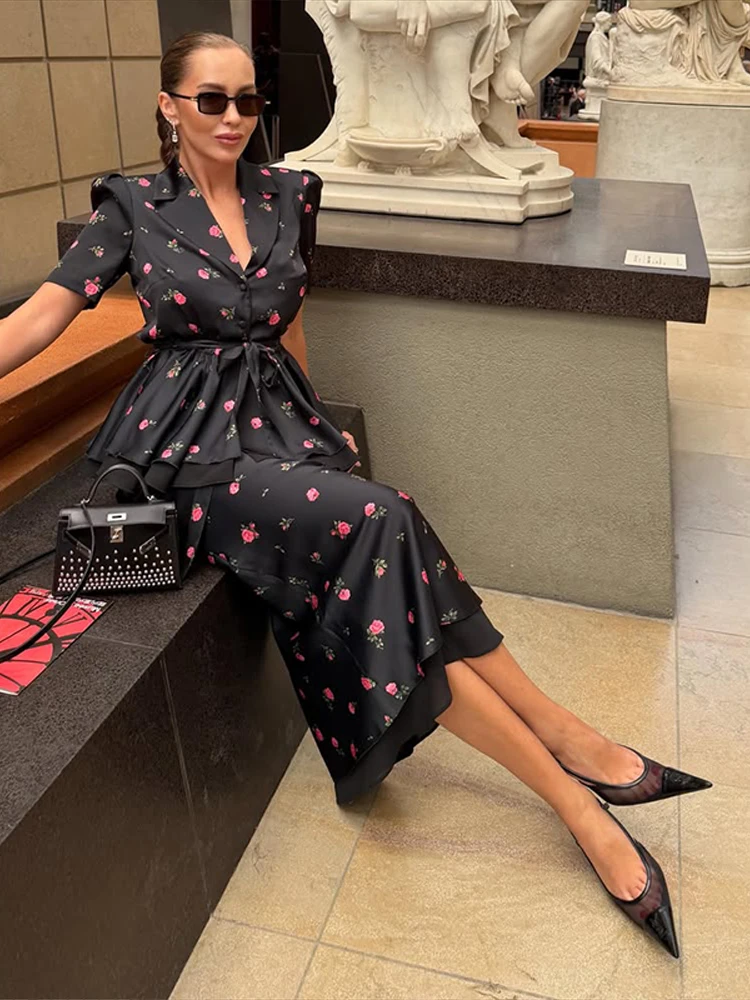 Floral Blazer Coat Skirt Sets Women Elegant Lapel Short Sleeve Single-breasted Lace Up Coat Midi Skirt Two Piece Set 2026 Summer - view 3