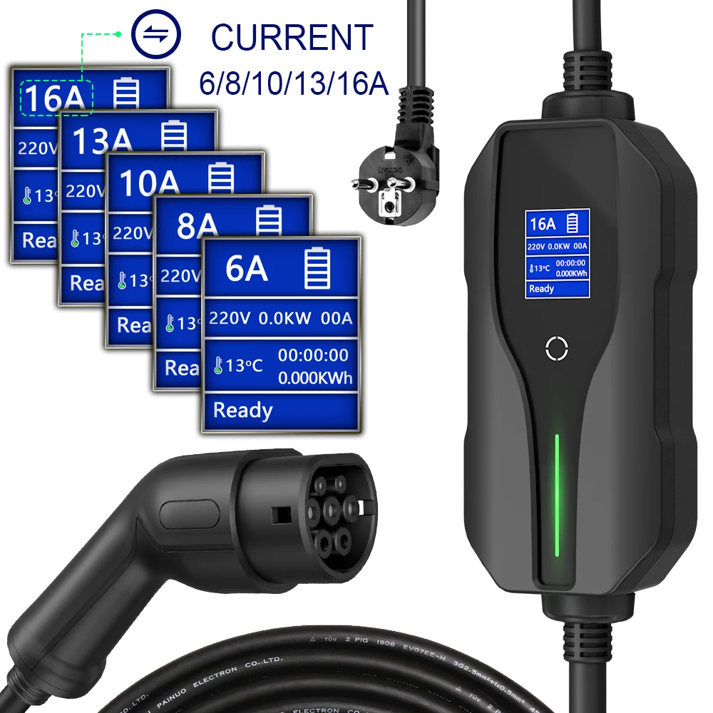 Mode 2 Type 2 Protable EV Charger IEC62196 3.6KW 16A 1 Phase Electric Car Current Adjustable 5/6/7.5 Meters Charging Cable