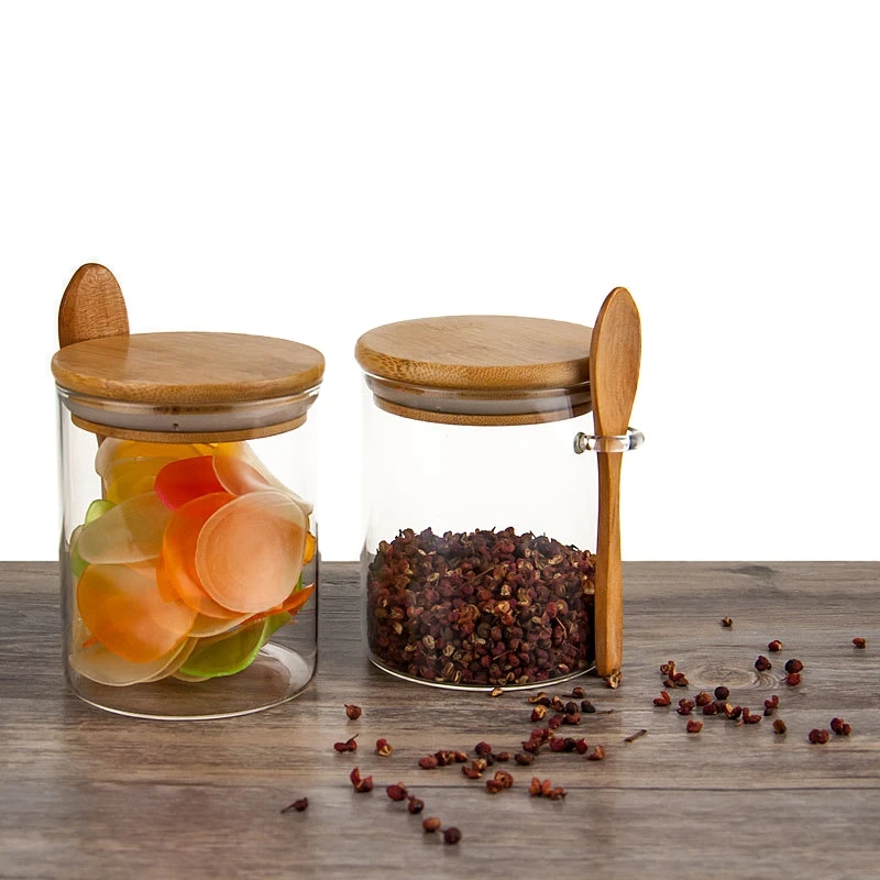 3X Glass Food Airtight Canister Castor Wooden Twist Lid Kitchen Candy Storage Tank Jar Food Container With Wooden Spoon