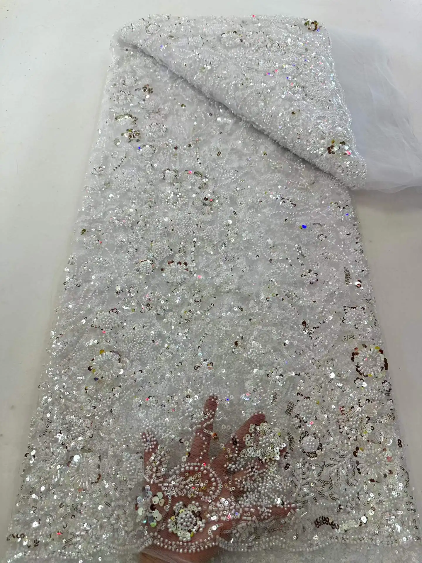 

Luxury Delicate Mesh Beaded Lace Fabric Elegant High Quality African Lace Fabric For Wedding Evening Dress Sewing