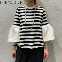 OCEANLOVE Flare Sleeve Spring Autumn Sweaters Women Tops Stripes Vintage Japanese Style Pull Femme Loose Fashion Pullovers