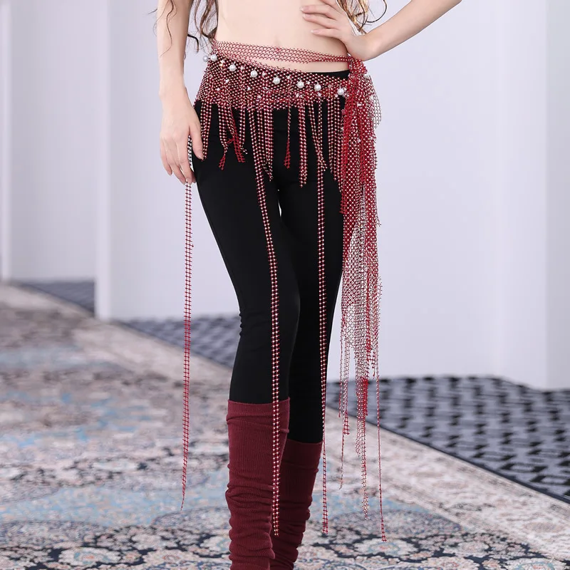 Women Bling Belly Dance Hip Scarf Diamond Exquisite Tassel Shawl Waist Belt Chain Rave Outfit Stage Costume Practice Dancewear