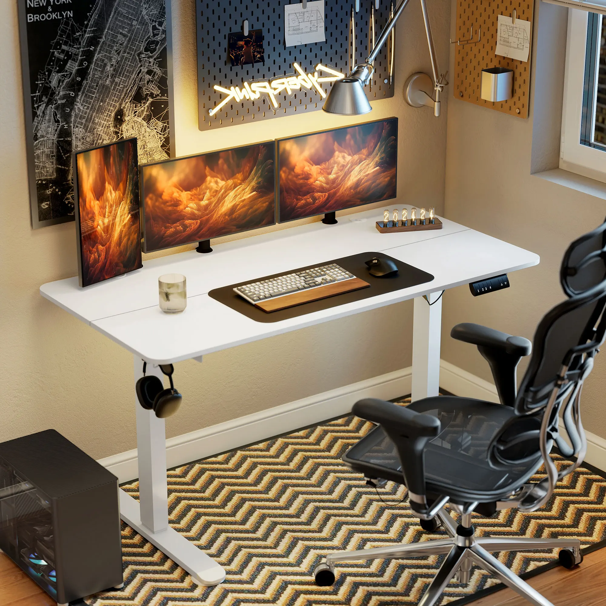 Vinsetto Schreibtisch 140 x 70 cm Höhenverstellbar Elektrisch Computertisch mit 4 Memory-Voreinstellungen Ergonomisch Steh-Sitz Tisch mit Haken, Anti-Kollision, Weiß