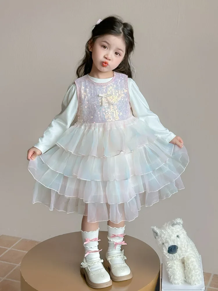 

2025Girls' Spring and Autumn New Style Mesh Cake Fashionable Sequin Bowknot Base Shirt Dress Two-Piece Set