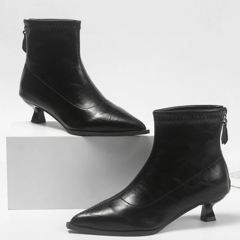 2026 Modische Einfache Einfarbige Mittelhohe Damen-Stiefeletten Frühling Herbst Retro Spitze Zehe Dünner Absatz Outdoor Casual Damen-Knöchelstiefel – Detail 6