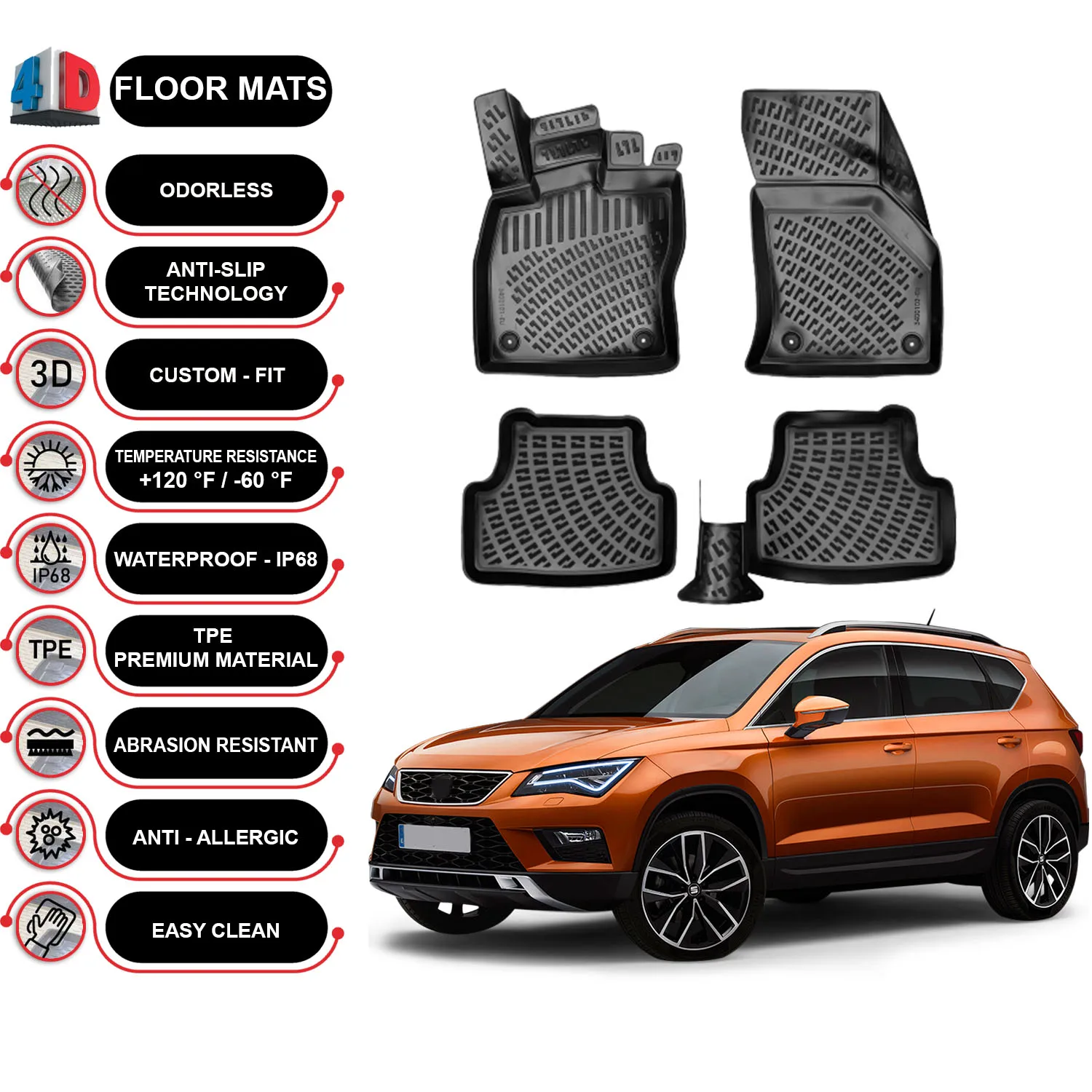 Seat Ateca - (2016-2022) Floor Mats Liner Waterproof 3D - (Black)