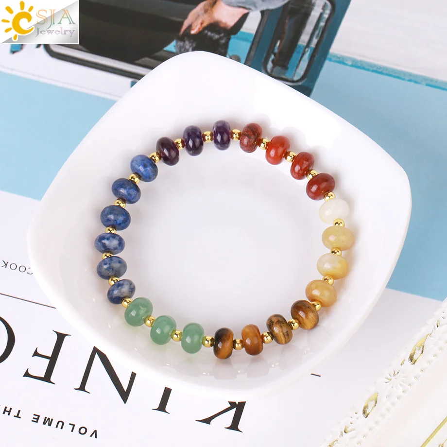 CSJA Reiki 7 Chakra Crystals Bracelet Real Natural Stone Beaded Bracelets for Stress Relax Anxiety Elastic Braided Jewelry H049