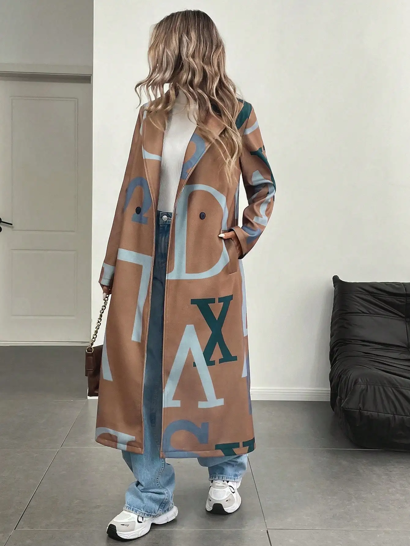 

Women's Letter Print Long Coat with Lapel Collar, Casual Autumn Winter Outerwear