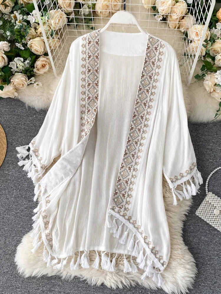 SEDUTMO Summer Bohemian Pareo Beach Cover Up Kimono Women Long Fashion Embroidery Poncho Cardigan Tassel Shirt ED1869