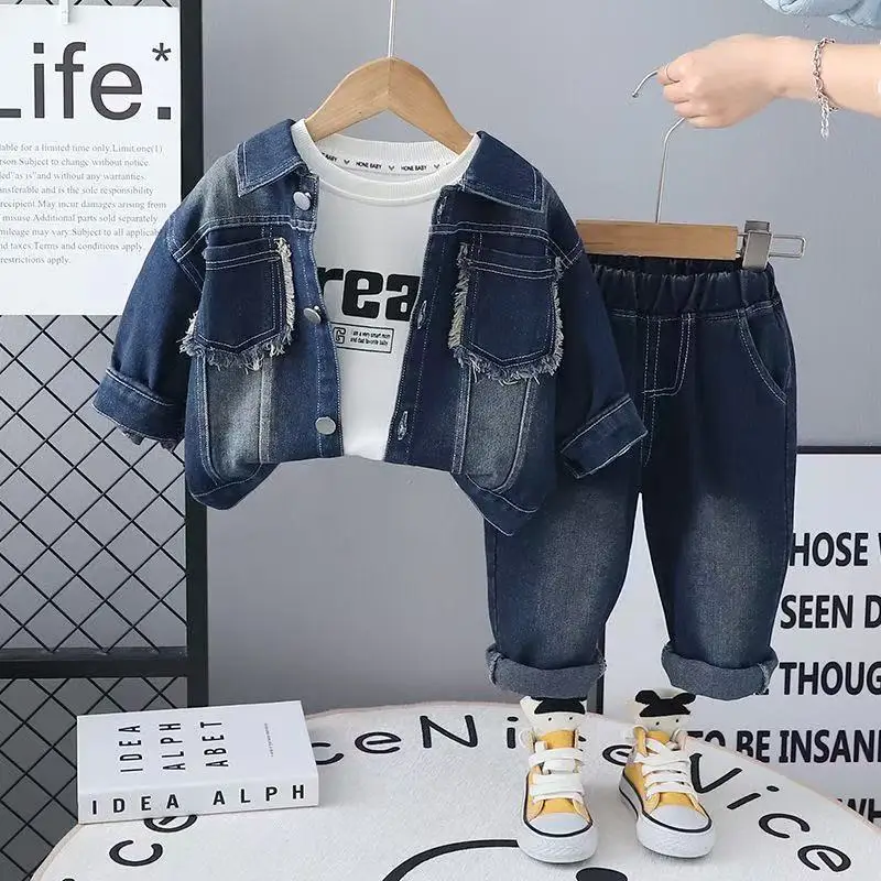 Girl Spring Autumn Children Boy 3PCS Clothing Set Cotton Hoodied Denim Coat +Solid Jeans Pants Baby Boys Outfits 2-5Y