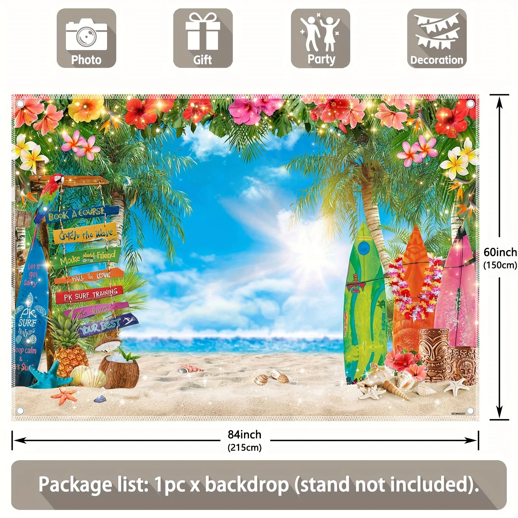 Summer Hawaii Beach Polyester Photography Background, Tropical Flower Surfboard Palm Leaf Background