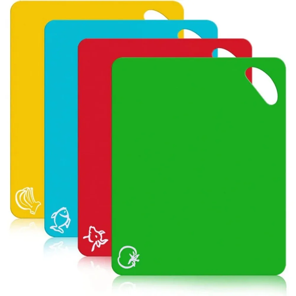 Kitchen Plastic Cutting Board Set -Thick Flexible Mat for Cooking,  Chopping with Colored Food Icons & Easy-Grip Handles