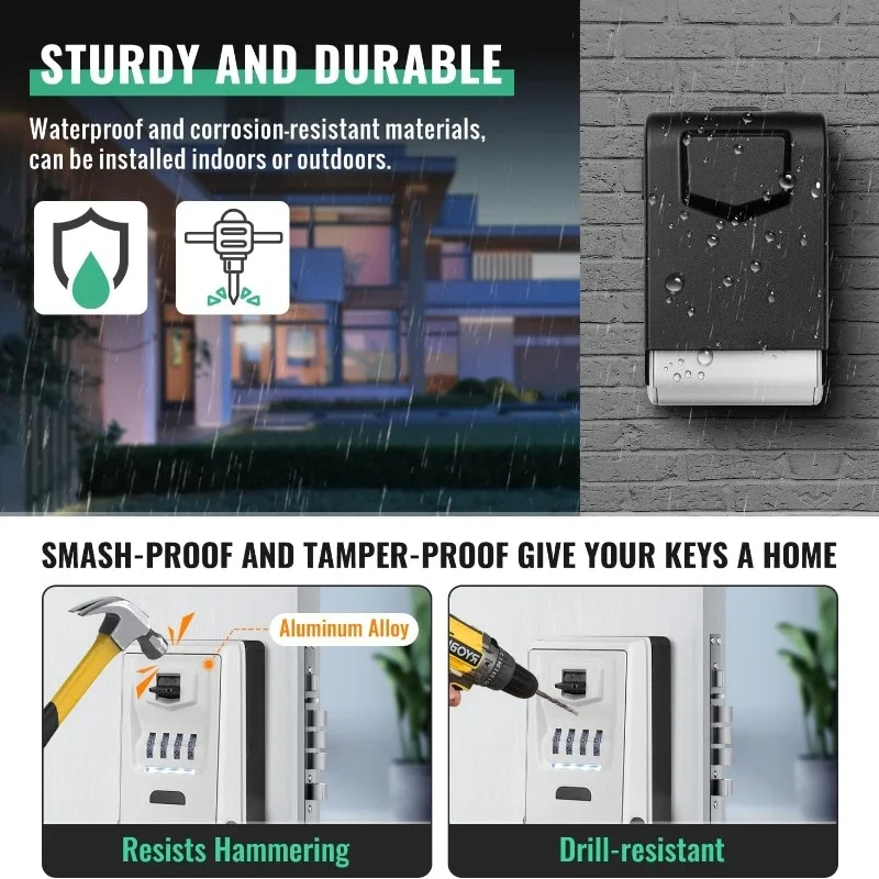 Outdoor Wall Mounted Key Safe Waterproof Lighted Security Lock Box 4 Digit Combination Security Key Storage Box for Home Garage