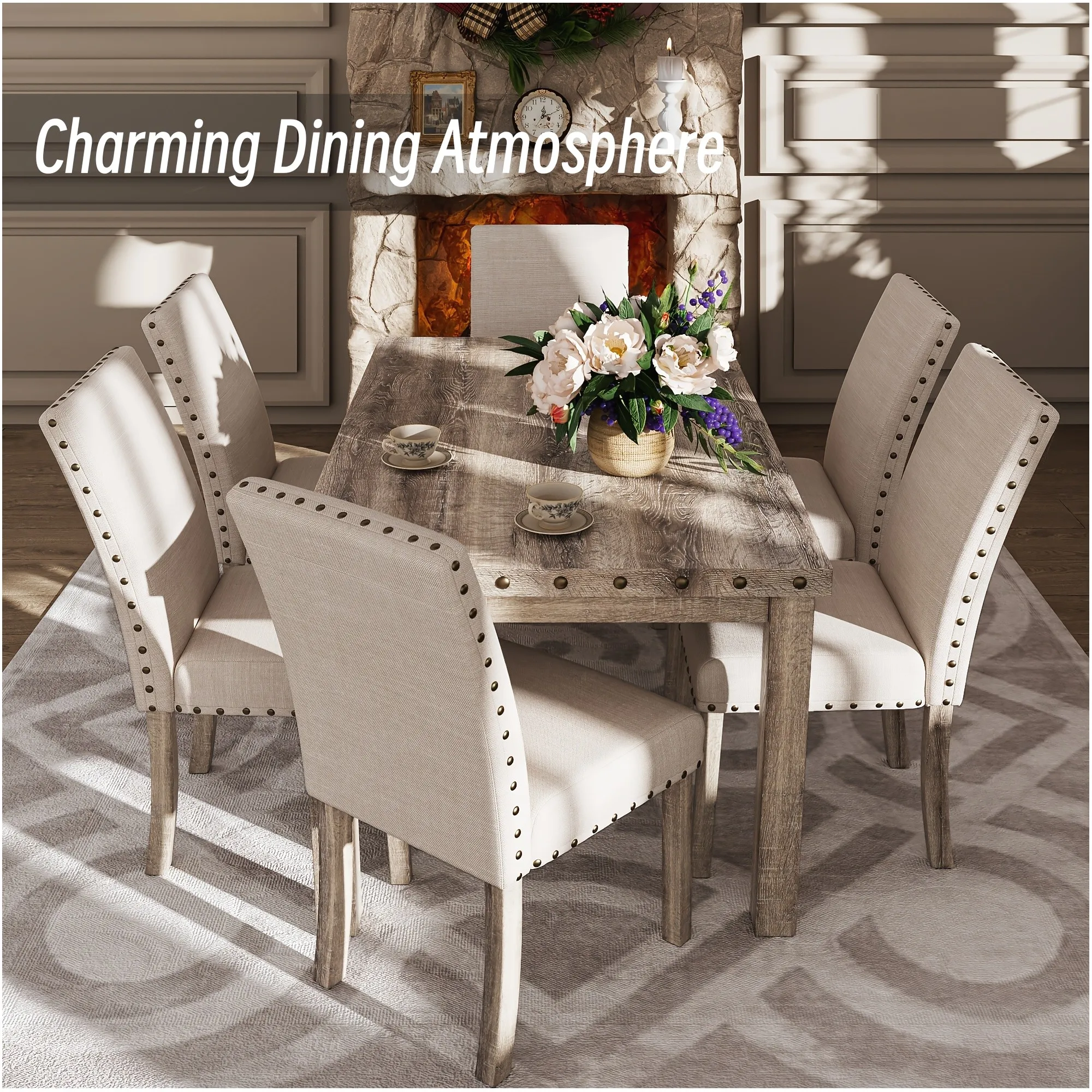 

Rustic Farmhouse Dining Table Set – 60" Solid Wood Rectangular Table + 4 Upholstered Chairs with Nailhead Trim, Ideal for Kitche