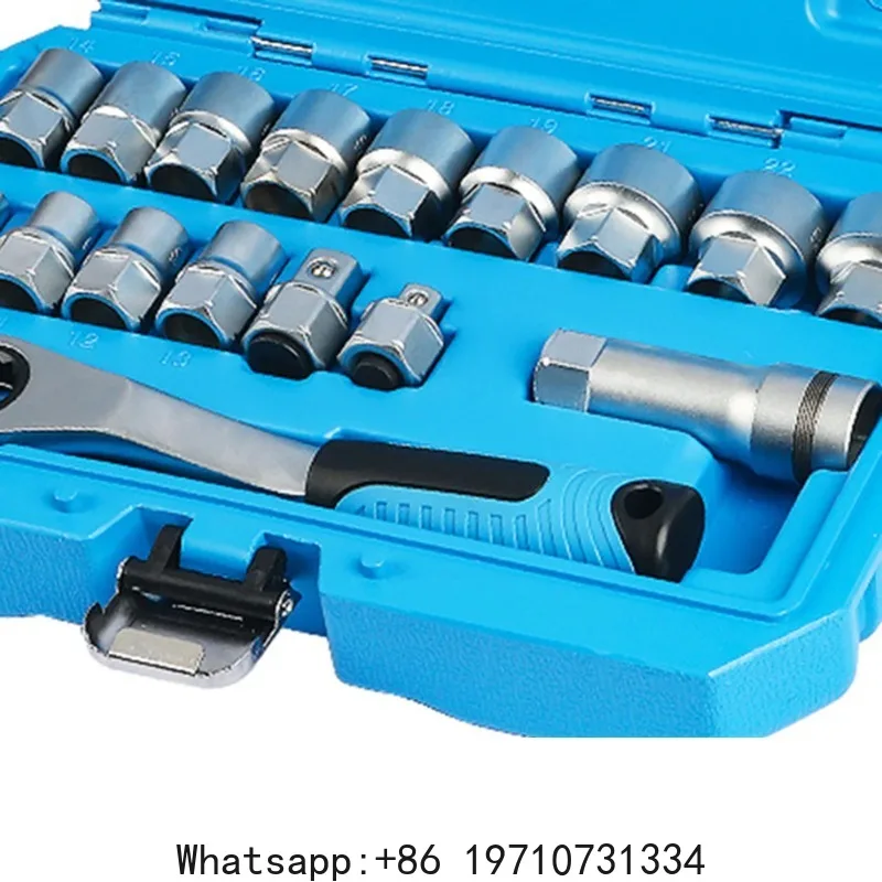 17 Piece Pass Through Socket Set with 19mm Ratchet Hollow Sleeve Chrome Vanadium Alloy for Automotive Repair and Machine Use