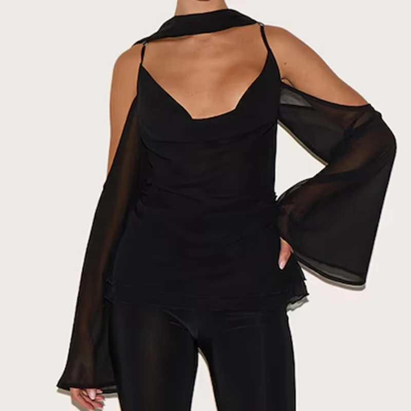 Elegant Women V-neck Cold Shoulder Tops and Scarf Casual Back Zipper Cowl Neck Long Sleeve Shirt for Club Streetwear