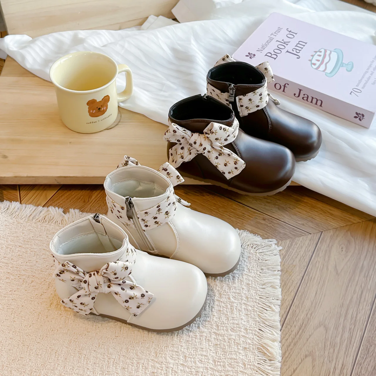 Kids'Boots Solid Color PU Leather Bow Fashion Autumn Flat Shoes For Children Anti-slip Warm White Brown Shoes Size 23-33