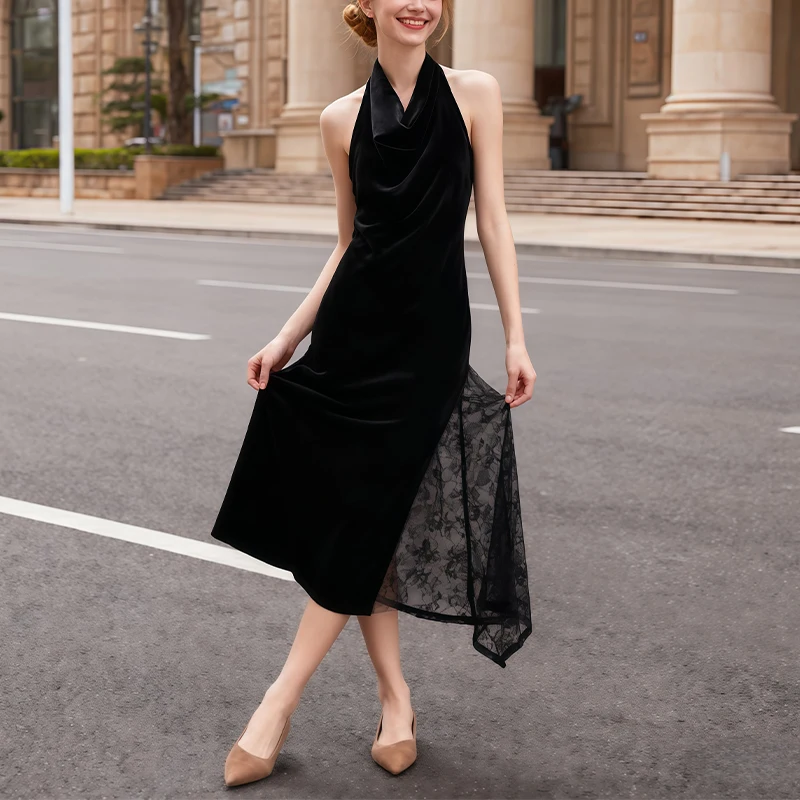 여성 패션 드레스 홀터넥 비대칭 밑단 레이스 패치워크 부드러운 벨벳 미디 드레스 우아한 이브닝 데이트 의상 트라피자란