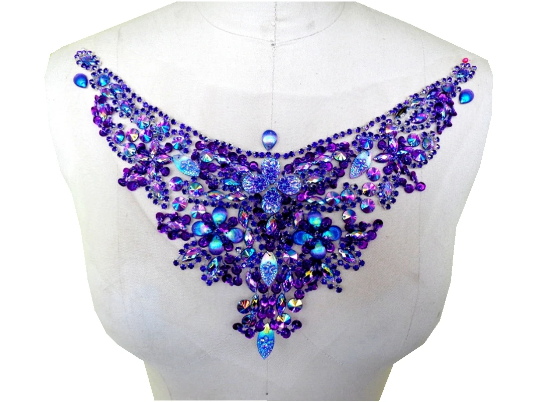 A187 Handmade crystal  patches purple sew on  Rhinestones applique with stones sequins beads 32*13cm  for top dress